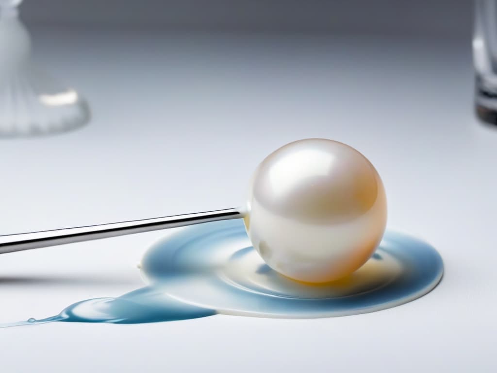  A closeup, ultradetailed image of a single perfectly spherical, translucent spherification pearl resting delicately on a pristine white porcelain spoon. The pearl is glistening under a soft, diffused light, showcasing its flawless smooth surface and capturing the intricate details of its molecular gastronomy creation. The background is a subtle gradient of pastel hues, emphasizing the elegance and precision of this culinary technique. hyperrealistic, full body, detailed clothing, highly detailed, cinematic lighting, stunningly beautiful, intricate, sharp focus, f/1. 8, 85mm, (centered image composition), (professionally color graded), ((bright soft diffused light)), volumetric fog, trending on instagram, trending on tumblr, HDR 4K, 8K