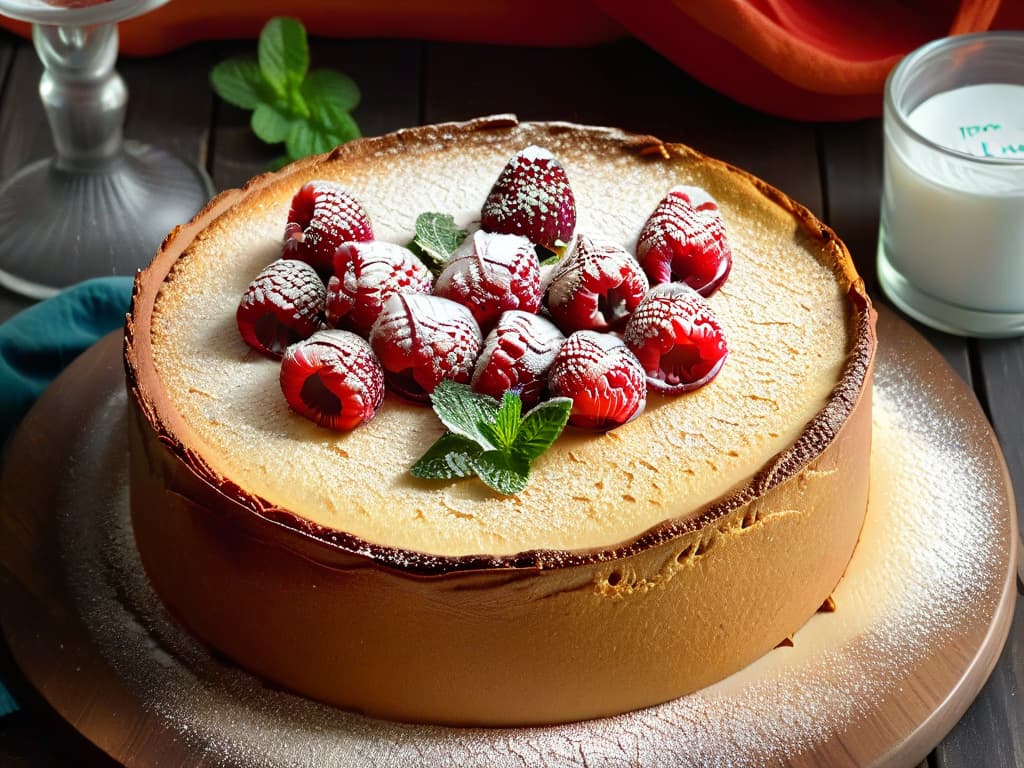  A closeup, ultradetailed image of a perfectly risen and golden brown glutenfree almond flour cake, still in the round baking pan, with a delicate dusting of powdered sugar on top. The cake stands on a rustic wooden table, accompanied by a few fresh raspberries and a sprig of mint on the side. The lighting is soft, casting gentle shadows that highlight the texture of the cake's surface, showcasing its moist crumb and inviting appearance. hyperrealistic, full body, detailed clothing, highly detailed, cinematic lighting, stunningly beautiful, intricate, sharp focus, f/1. 8, 85mm, (centered image composition), (professionally color graded), ((bright soft diffused light)), volumetric fog, trending on instagram, trending on tumblr, HDR 4K, 8K