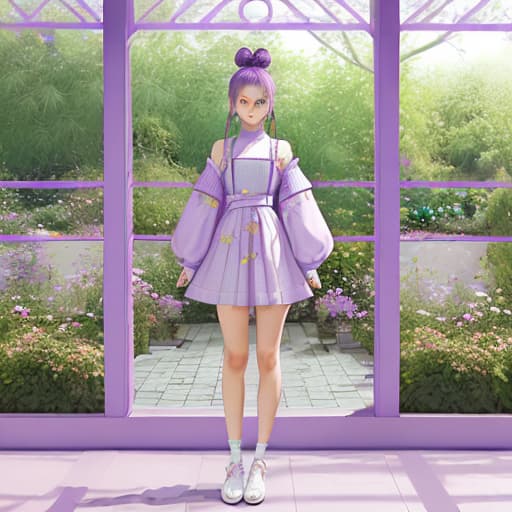  purple. twin bun hair. hair armament. hair between eyes. hair bun. jewelry. indoors. garden. lattice 8k. oshare kei. girl. cute. kawaii. background cute cosmetics. blurred blush painting. full body.