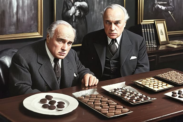  Elderly Marlon Brando, dressed in a black and gray 1940’s dress suit inside a dark office of his mansion. Foreground plates of fine dark chocolates on a table. Background dark office with men holding guns Painting style of Edgar Degas