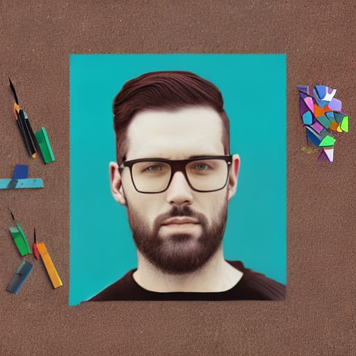 dublex style A4 paper, drawing a man wearing glasses, hand holding pencil over the paper, halfly colored drawing, looks like puzzle pieces, contrasted