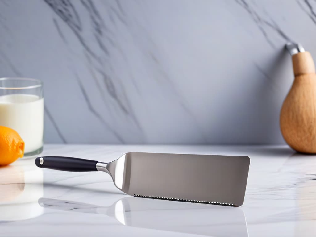  A highresolution image showcasing a sleek, minimalistic stainless steel pastry scraper and spatula set, elegantly arranged on a marble countertop. The utensils gleam under soft, natural lighting, highlighting their ergonomic design and precise craftsmanship. The background features subtle shadows that add depth to the composition, emphasizing the professionalism and efficiency that these tools bring to a wellequipped kitchen. hyperrealistic, full body, detailed clothing, highly detailed, cinematic lighting, stunningly beautiful, intricate, sharp focus, f/1. 8, 85mm, (centered image composition), (professionally color graded), ((bright soft diffused light)), volumetric fog, trending on instagram, trending on tumblr, HDR 4K, 8K