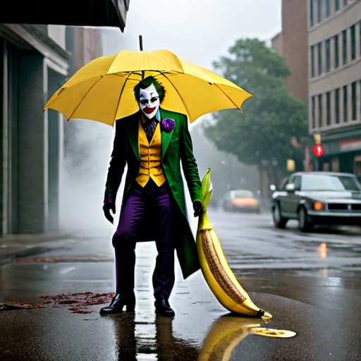  American style (modern) comic about jocker , digital color comicbook style, The woman slips on a banana peel, losing control of the umbrella.. hyperrealistic, full body, detailed clothing, highly detailed, cinematic lighting, stunningly beautiful, intricate, sharp focus, f/1. 8, 85mm, (centered image composition), (professionally color graded), ((bright soft diffused light)), volumetric fog, trending on instagram, trending on tumblr, HDR 4K, 8K