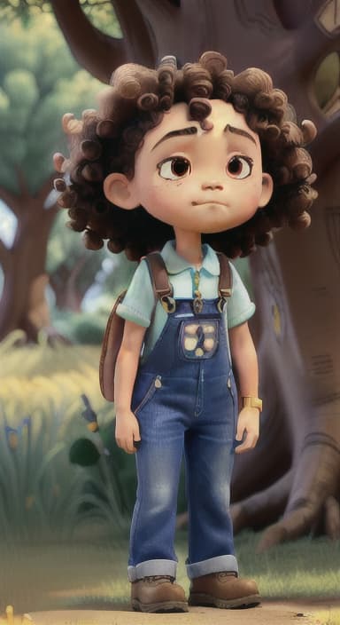  {Riley standing under the tree with eyes closed, making the wish., Riley, a curious with big brown eyes and curly hair, wearing overalls and carrying a small backpack. Their friend, Skye, a bluebird with shiny feathers.