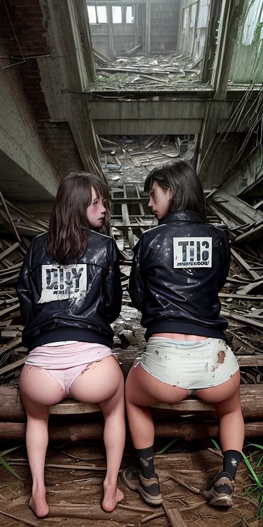  two-girls, dirty, in jackets, bare butts, sitting on a log, with their backs, in an abandoned building