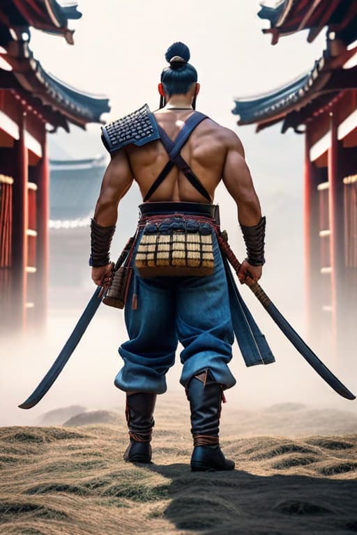  Japanese warrior wearing denim outfit hyperrealistic, full body, detailed clothing, highly detailed, cinematic lighting, stunningly beautiful, intricate, sharp focus, f/1. 8, 85mm, (centered image composition), (professionally color graded), ((bright soft diffused light)), volumetric fog, trending on instagram, trending on tumblr, HDR 4K, 8K