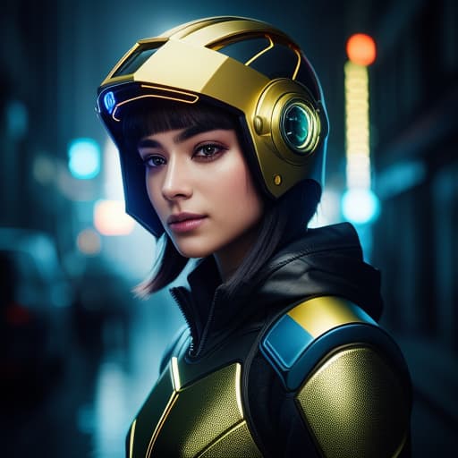  woman wearing a cyberpunk style shiny and slimy gold helmet with robotic features, the reflection on her face is made of glowing blue wires with intricate details, hyper realistic photography in the style of editorial pose, photorealistic, 8k, high render --v 6.0 --ar 9:16, intricate details, photorealistic,hyperrealistic, high quality, highly detailed, cinematic lighting, intricate, sharp focus, f/1. 8, 85mm, (centered image composition), (professionally color graded), ((bright soft diffused light)), volumetric fog, trending on instagram, HDR 4K, 8K