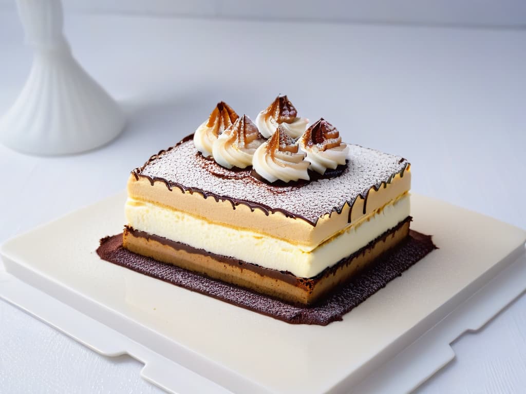  A highresolution, ultradetailed image of a beautifully plated Tiramisu dessert on a sleek, modern white plate. The dessert features delicate layers of espressosoaked ladyfingers, creamy mascarpone cheese, and a dusting of rich cocoa powder on top. The presentation is elegant and sophisticated, with a minimalist backdrop that emphasizes the dessert's exquisite textures and flavors. hyperrealistic, full body, detailed clothing, highly detailed, cinematic lighting, stunningly beautiful, intricate, sharp focus, f/1. 8, 85mm, (centered image composition), (professionally color graded), ((bright soft diffused light)), volumetric fog, trending on instagram, trending on tumblr, HDR 4K, 8K