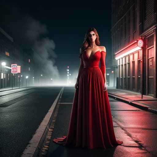  A 28-year-old woman, wearing a striking red dress, stands alone in a deserted street at night. The streetlights cast a dramatic glow, illuminating her as she looks pensively into the distance. The scene captures a sense of solitude and mystery, with the empty street and dimly lit buildings in the background. The overall atmosphere is both cinematic and evocative, perfect for a show banner or poster. hyperrealistic, full body, detailed clothing, highly detailed, cinematic lighting, stunningly beautiful, intricate, sharp focus, f/1. 8, 85mm, (centered image composition), (professionally color graded), ((bright soft diffused light)), volumetric fog, trending on instagram, trending on tumblr, HDR 4K, 8K