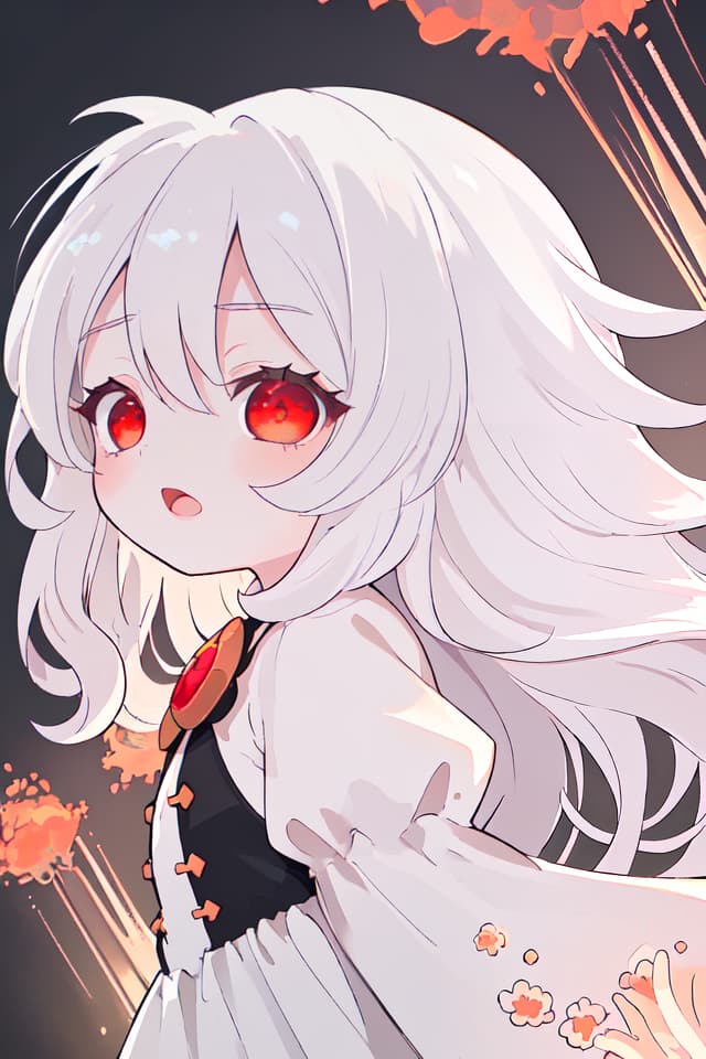  ultra detailed:1.2masterpiece:1.2,best quality,masterpiece,bestquality,hdr:1.1,8k:1.1,very cute girl:1.3,white hair:1.3,very long hair,volume hair:0.7,flare hair,curly hair:1.4,red eyes,bad mood:1.1,sleepy eyes:1.1,dot open mouth:1.3,upper body:1.3,dutch angle,half closed eyes:1.6,upper body:1.1,from side