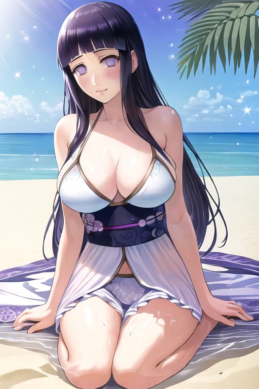  (hinata hyuga:1.3), shy, (masterpiece), (highest quality), (intricate), (high detail),Girl at beach, An extremely detailed illustration of a cute beautiful women on the sea beach, detailed water, masterpiece, best quality, high quality, solo