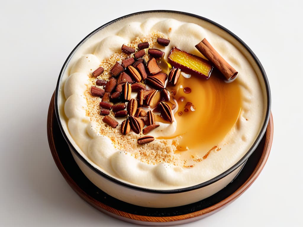  An ultradetailed illustration of a steaming bowl of arroz con leche, garnished with a sprinkle of cinnamon and a drizzle of honey, set against a stark white background. The creamy rice pudding is perfectly textured, each grain visible and coated in the rich, sweet sauce. The cinnamon dusting and honey swirl are so lifelike that they appear almost tangible, inviting the viewer to reach out and take a spoonful. This minimalist yet incredibly detailed image captures the essence of a comforting bowl of arroz con leche, evoking warmth and indulgence. hyperrealistic, full body, detailed clothing, highly detailed, cinematic lighting, stunningly beautiful, intricate, sharp focus, f/1. 8, 85mm, (centered image composition), (professionally color graded), ((bright soft diffused light)), volumetric fog, trending on instagram, trending on tumblr, HDR 4K, 8K