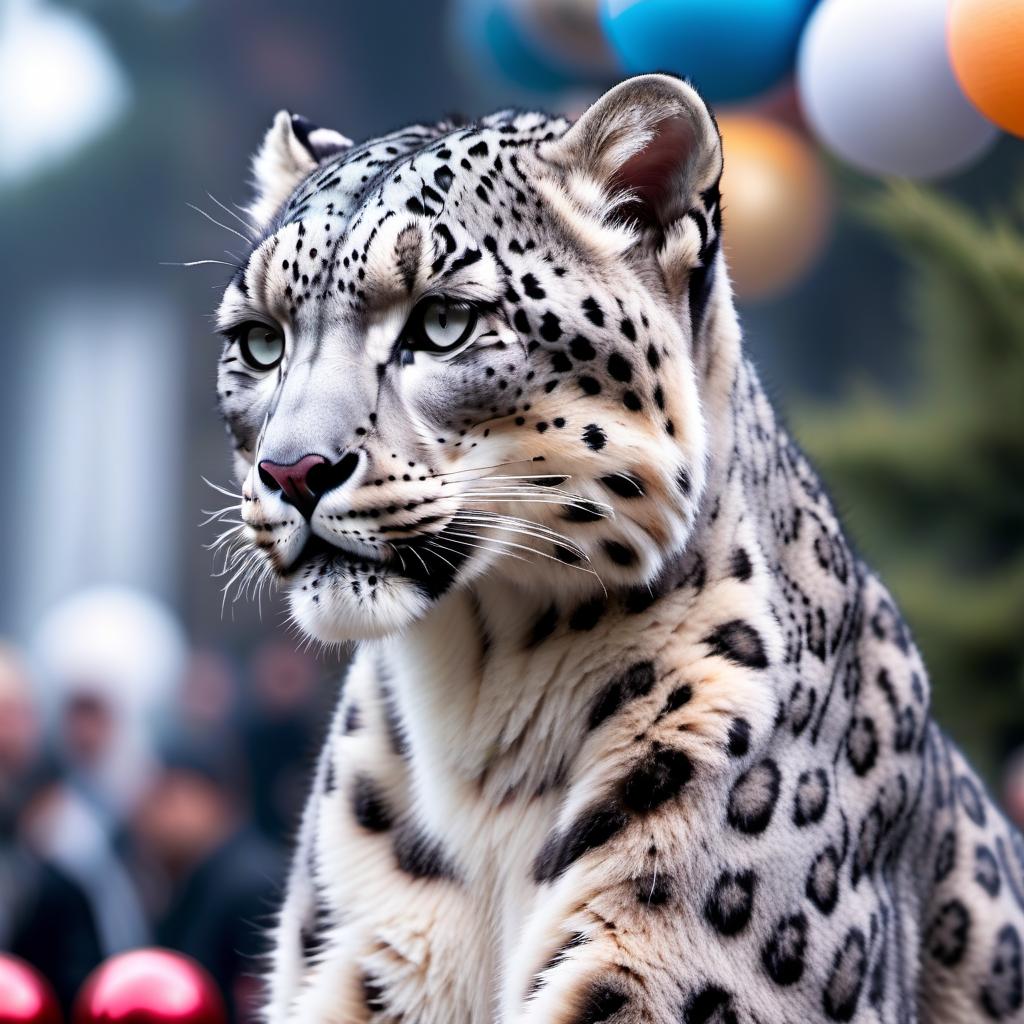  Irbis snow leopard at festival in a column with balls hyperrealistic, full body, detailed clothing, highly detailed, cinematic lighting, stunningly beautiful, intricate, sharp focus, f/1. 8, 85mm, (centered image composition), (professionally color graded), ((bright soft diffused light)), volumetric fog, trending on instagram, trending on tumblr, HDR 4K, 8K