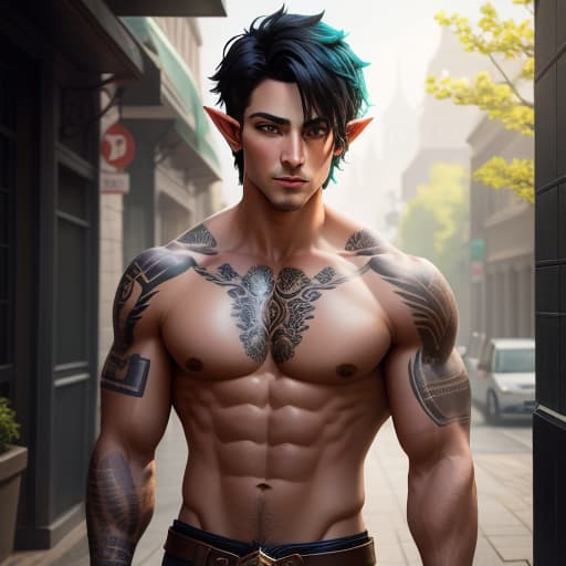  half-elf, male, ranger, short black hair, green eyes, tattoos, toned build, hyperrealistic, high quality, highly detailed, perfect lighting, intricate, sharp focus, f/1. 8, 85mm, (centered image composition), (professionally color graded), ((bright soft diffused light)), trending on instagram, HDR 4K, 8K