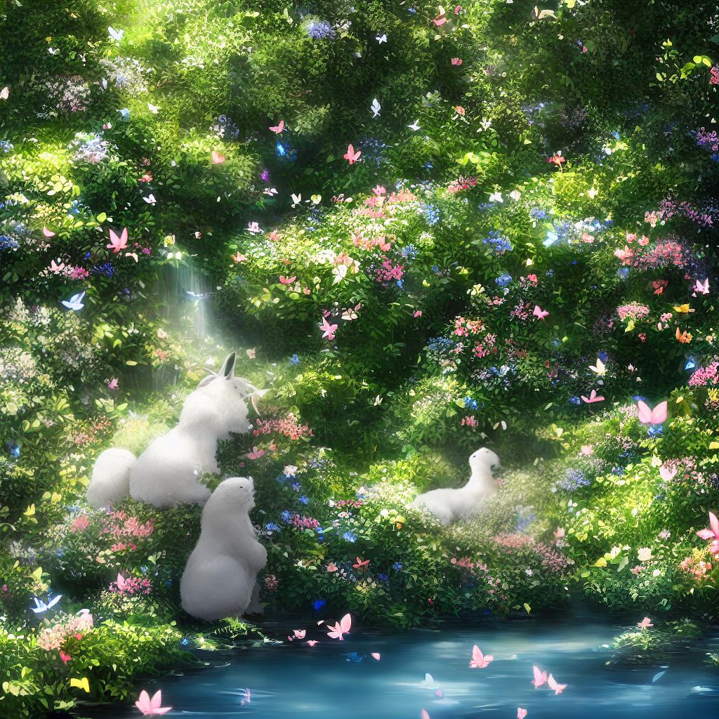  ((masterpiece)),(((best quality))), 8k, high detailed, ultra-detailed. A white rabbit, sitting in a lush garden. (Flowers blooming around it), (a small stream flowing nearby), (sunlight filtering through the trees), (a colorful butterfly perched on its ear). hyperrealistic, full body, detailed clothing, highly detailed, cinematic lighting, stunningly beautiful, intricate, sharp focus, f/1. 8, 85mm, (centered image composition), (professionally color graded), ((bright soft diffused light)), volumetric fog, trending on instagram, trending on tumblr, HDR 4K, 8K
