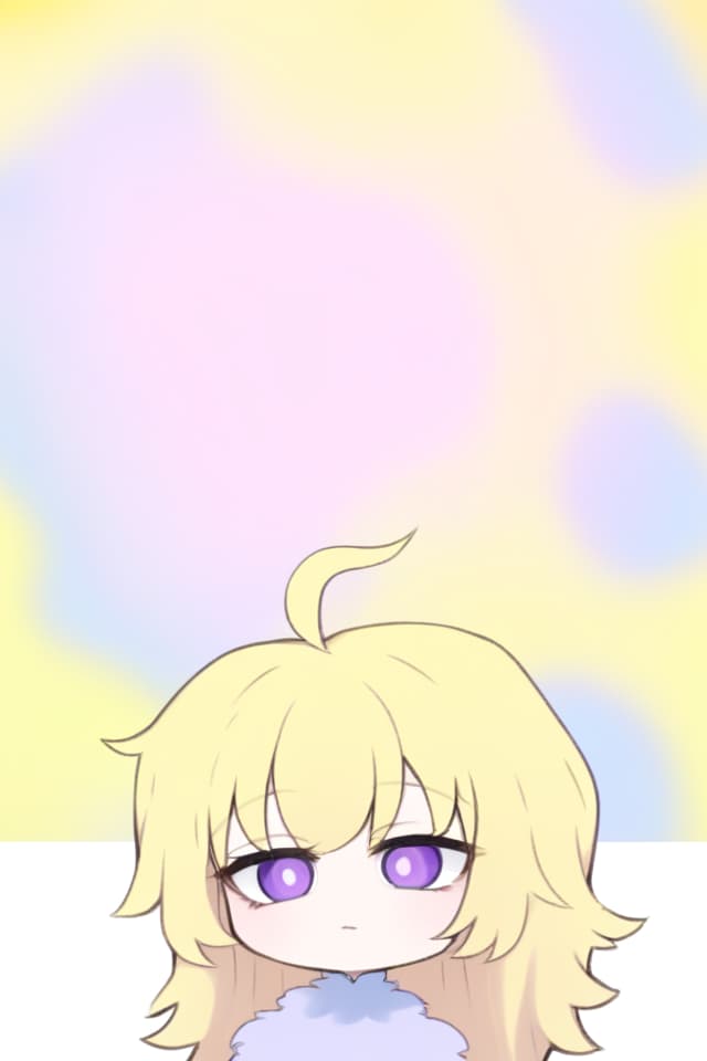  Girl, straight and fluffy hair, yellow hair, pink and purple odd eye, light blue fluffy dress, positive, bright