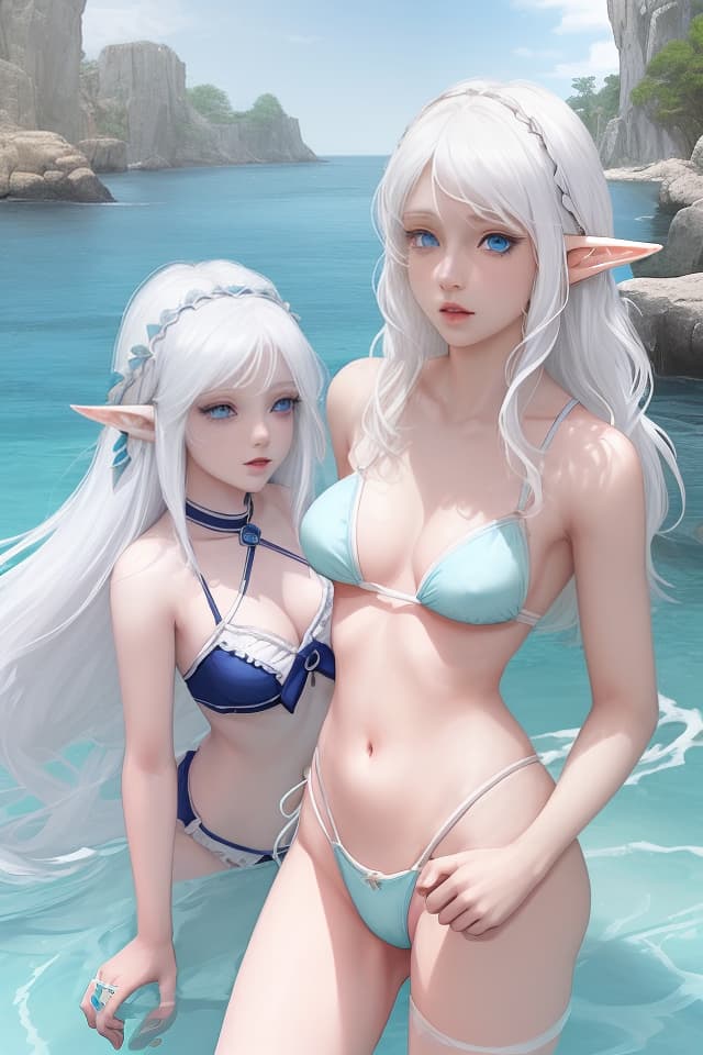  Women, white hair, light blue eyes, elf, cute, swimwear, s, about high students, I cup