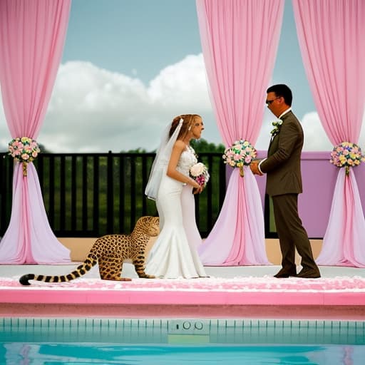  A cat getting married with a cheetah near the swimming pool under the pink dreamy clouds