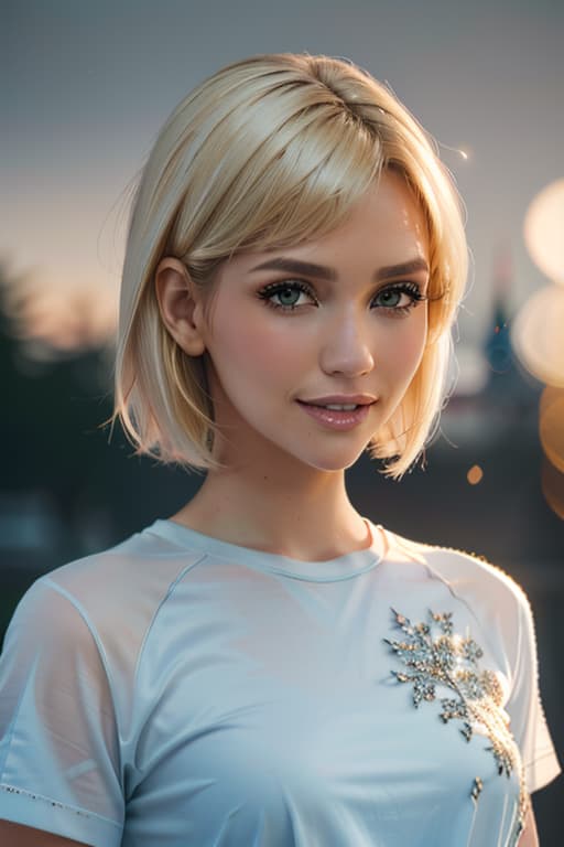  1girl,1girl,blonde short hair,straight hair,upper body shot,shirt,smile hyperrealistic, full body, detailed clothing, highly detailed, cinematic lighting, stunningly beautiful, intricate, sharp focus, f/1. 8, 85mm, (centered image composition), (professionally color graded), ((bright soft diffused light)), volumetric fog, trending on instagram, trending on tumblr, HDR 4K, 8K