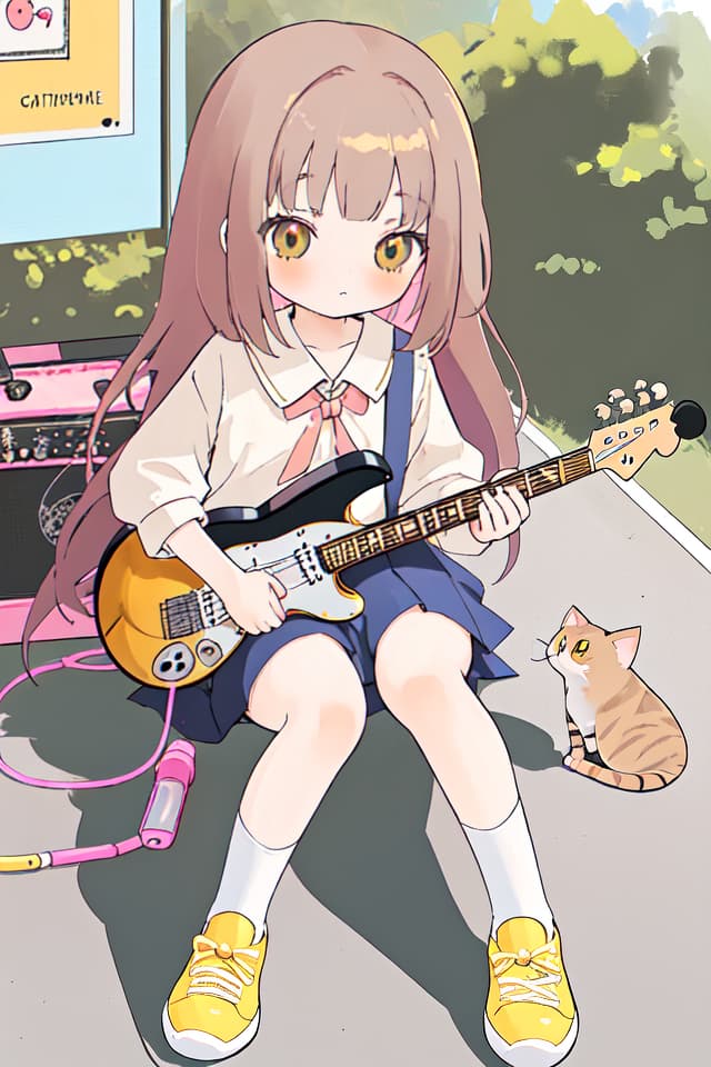  High school girl, mini character, cute, electric guitar, long hair, hanging, cat based, sitting on the ground, put an electric guitar on the knee, request pose