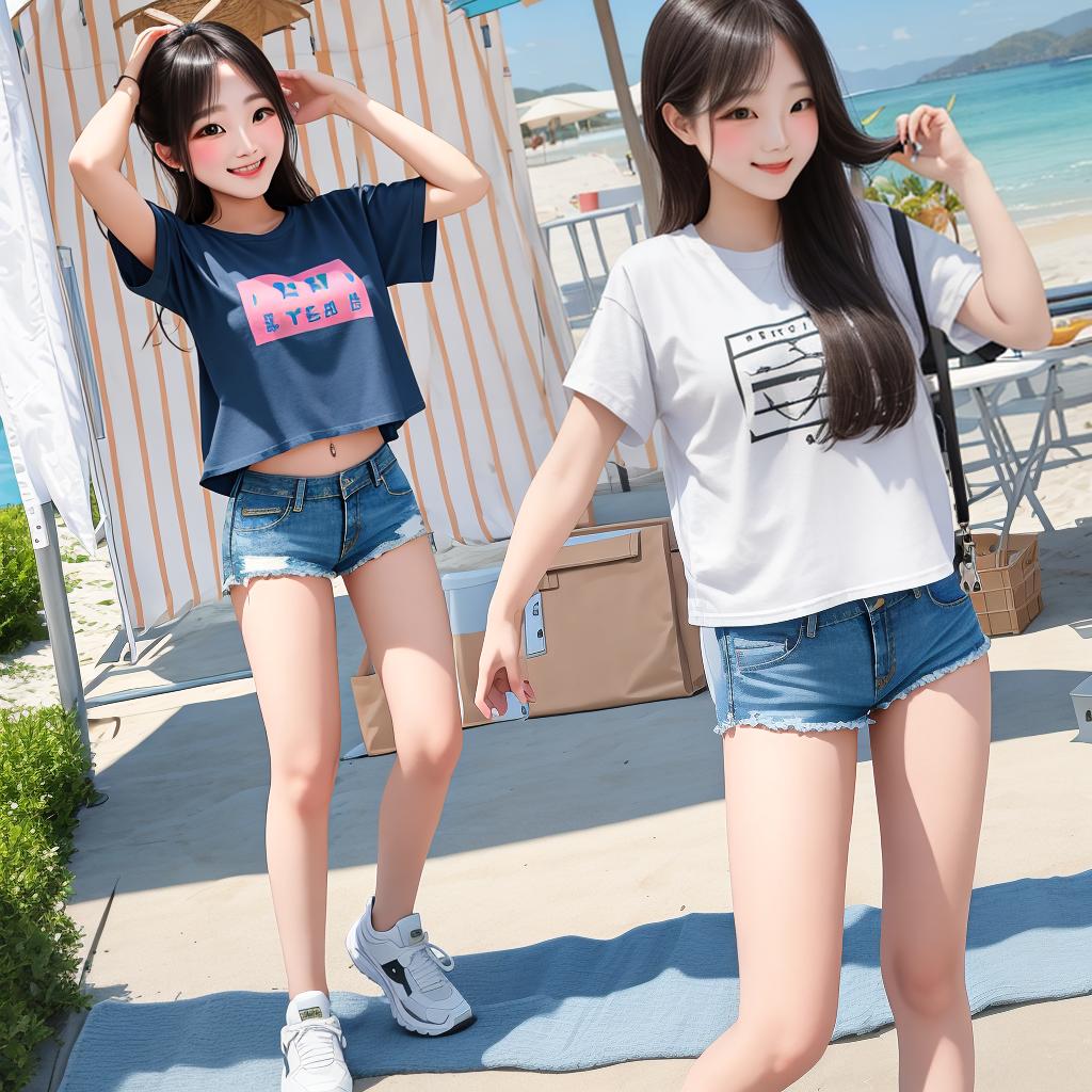  masterpiece, best quality, female,solo,blush,light smile,beach towel,T-shirt,denim shorts,short shorts,black leggings