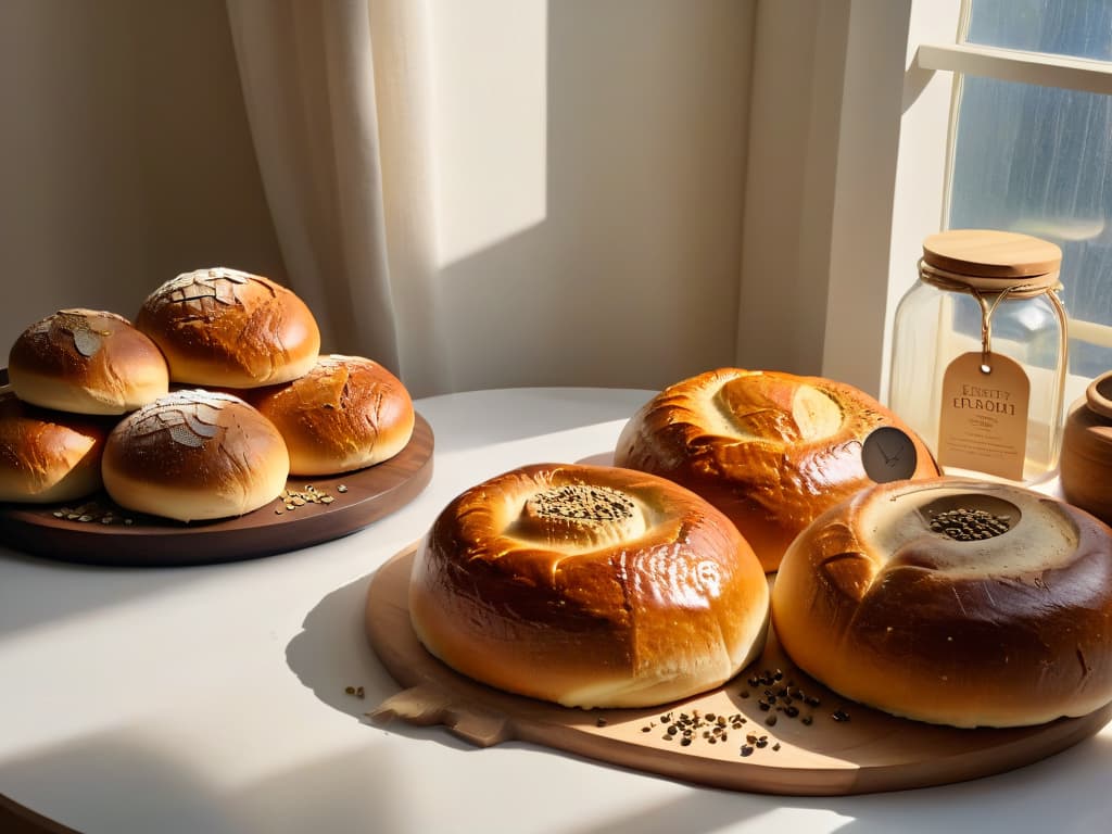  An ultradetailed photorealistic image of a rustic wooden table covered with various freshly baked artisanal sourdough bread loaves, some topped with seeds and others with a golden crust, surrounded by scattered flour, a vintage wooden rolling pin, and a glass jar of bubbling sourdough starter. The sunlight streaming through a nearby window illuminates the scene, casting soft shadows and highlighting the texture of the crusty loaves. The image conveys warmth, tradition, and the inviting aroma of freshly baked bread, perfect for enticing readers to embark on their own sourdough baking journey. hyperrealistic, full body, detailed clothing, highly detailed, cinematic lighting, stunningly beautiful, intricate, sharp focus, f/1. 8, 85mm, (centered image composition), (professionally color graded), ((bright soft diffused light)), volumetric fog, trending on instagram, trending on tumblr, HDR 4K, 8K