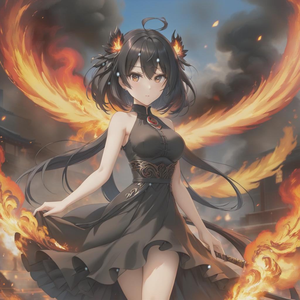  An anime , in and fire, in black dress and with black hair. hyperrealistic, full body, detailed clothing, highly detailed, cinematic lighting, stunningly beautiful, intricate, sharp focus, f/1. 8, 85mm, (centered image composition), (professionally color graded), ((bright soft diffused light)), volumetric fog, trending on instagram, trending on tumblr, HDR 4K, 8K