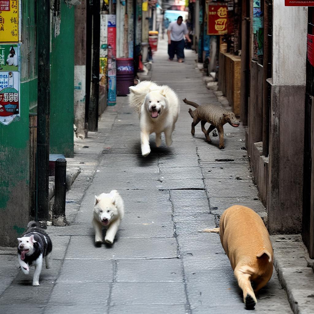  A Siberian dog chases a crocodile in the middle of a small alley in Bangkok, with a man as a monk running around carrying a pig by his side.