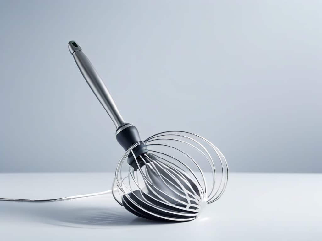  An ultracloseup, 8k resolution image of a sleek, silver electric whisk with a shimmering chrome finish, showcasing intricate wire beaters gently curving. The light dances off the smooth surface, highlighting the delicate craftsmanship and modern design of the kitchen tool. hyperrealistic, full body, detailed clothing, highly detailed, cinematic lighting, stunningly beautiful, intricate, sharp focus, f/1. 8, 85mm, (centered image composition), (professionally color graded), ((bright soft diffused light)), volumetric fog, trending on instagram, trending on tumblr, HDR 4K, 8K