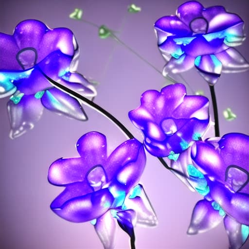  3D printed flowers sculptures. cute colorful glass flowers with long stems and tiny leaves. close up. purple background. translucent. jelly texture. translucent frosted glass material. studio light.