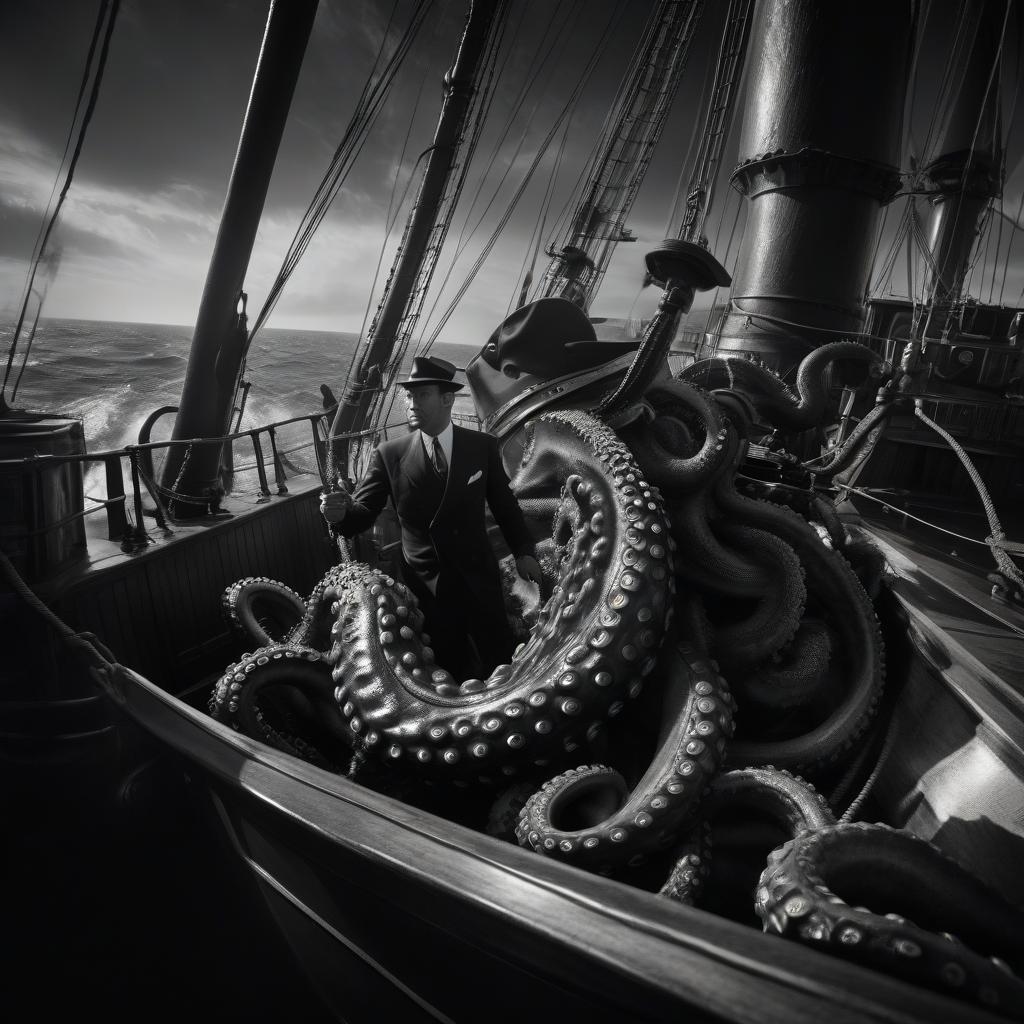  film noir style A large and fearsome octopus attacking a ship on the high seas. . monochrome, high contrast, dramatic shadows, 1940s style, mysterious, cinematic hyperrealistic, full body, detailed clothing, highly detailed, cinematic lighting, stunningly beautiful, intricate, sharp focus, f/1. 8, 85mm, (centered image composition), (professionally color graded), ((bright soft diffused light)), volumetric fog, trending on instagram, trending on tumblr, HDR 4K, 8K