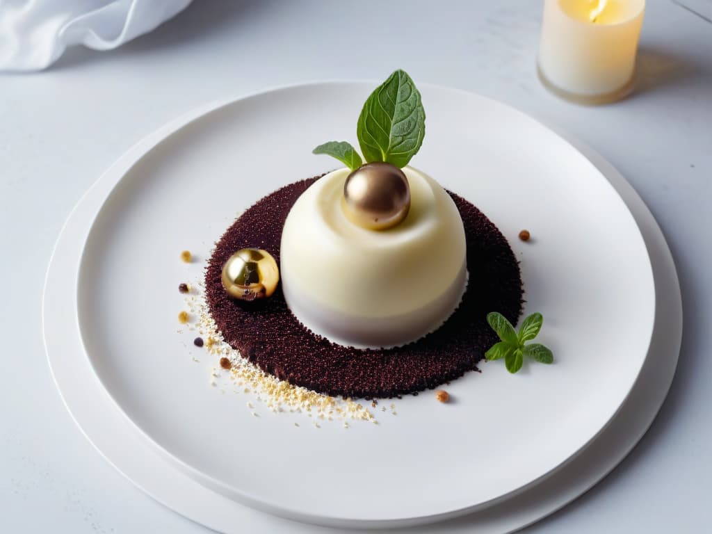  A closeup, ultradetailed image of a sleek, modern dessert plate featuring a perfectly symmetrical arrangement of a single, exquisite dessert at the center. The dessert is a delicate, textured sphere of smooth white chocolate, decorated with a precise spiral of rich, glossy dark chocolate sauce. Surrounding the dessert are meticulously placed microgreens and edible gold flakes, creating a striking contrast of colors and textures on the pristine white plate. The lighting is soft and elegant, emphasizing the clean lines and minimalist aesthetic of the presentation. hyperrealistic, full body, detailed clothing, highly detailed, cinematic lighting, stunningly beautiful, intricate, sharp focus, f/1. 8, 85mm, (centered image composition), (professionally color graded), ((bright soft diffused light)), volumetric fog, trending on instagram, trending on tumblr, HDR 4K, 8K