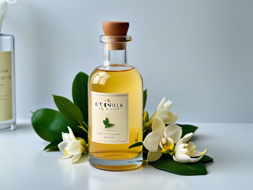  A photorealistic image of a pristine, elegant glass bottle labeled "Extracto de Vainilla Premium" with a soft, warm glow illuminating the rich, aromatic vanilla beans inside. The background features a lush vanilla orchid plant entwined with delicate tendrils, showcasing the natural source of this premium extract. Sunlight filters through the leaves, casting dappled shadows on the glossy surface of the bottle, evoking a sense of luxury and sophistication perfect for enhancing any pastry chef's creations. hyperrealistic, full body, detailed clothing, highly detailed, cinematic lighting, stunningly beautiful, intricate, sharp focus, f/1. 8, 85mm, (centered image composition), (professionally color graded), ((bright soft diffused light)), volumetric fog, trending on instagram, trending on tumblr, HDR 4K, 8K