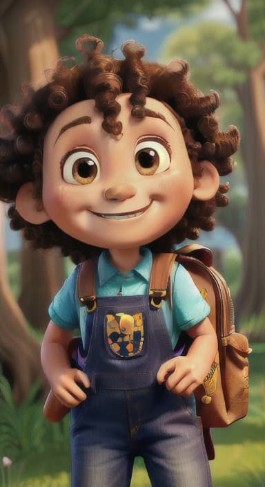  {The tree with a smiling face formed by its bark, looking down at Riley., Riley, a curious with big brown eyes and curly hair, wearing overalls and carrying a small backpack. Their friend, Skye, a bluebird with shiny feathers.