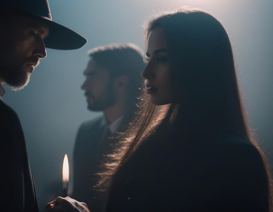  A long haired girl bites her lips, the silhouette of a man in the background. hyperrealistic, full body, detailed clothing, highly detailed, cinematic lighting, stunningly beautiful, intricate, sharp focus, f/1. 8, 85mm, (centered image composition), (professionally color graded), ((bright soft diffused light)), volumetric fog, trending on instagram, trending on tumblr, HDR 4K, 8K