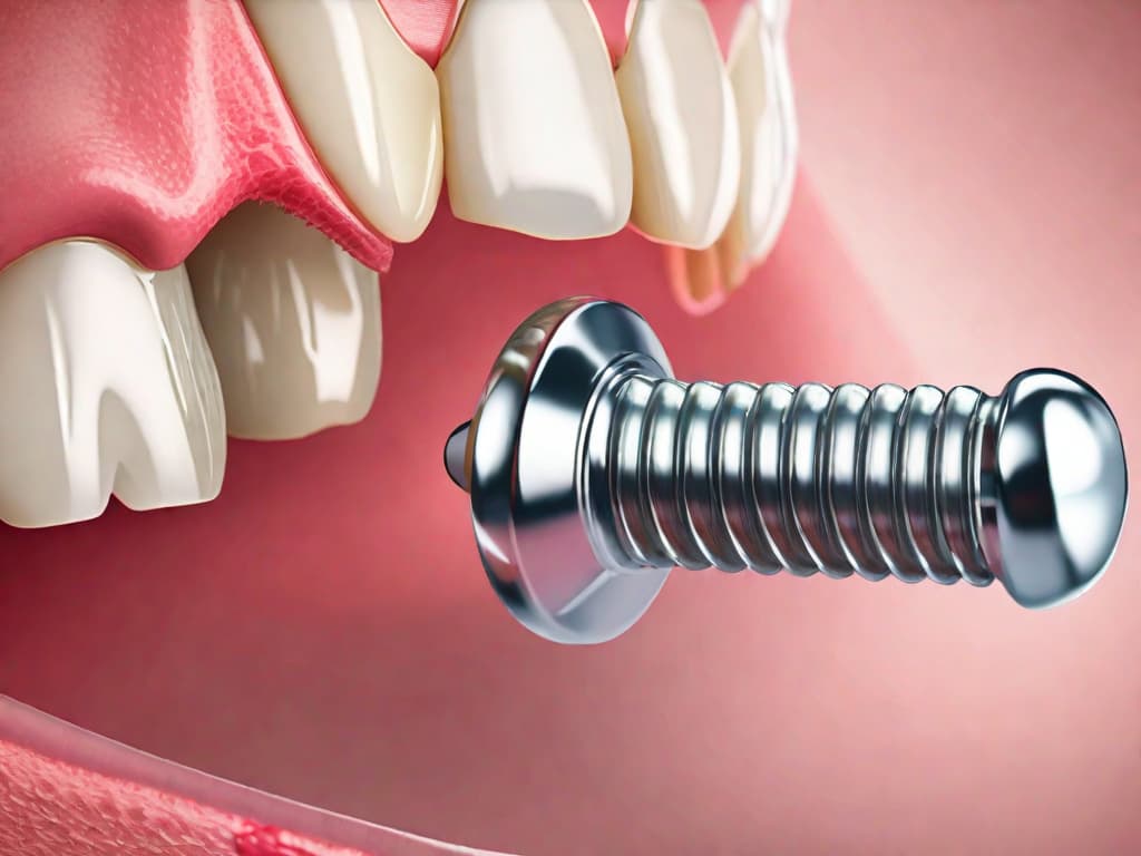  realistic photograph of an example of a dental implant, the screw should be in the gum so that the teeth are aligned but the screw is still visible 4k, no people