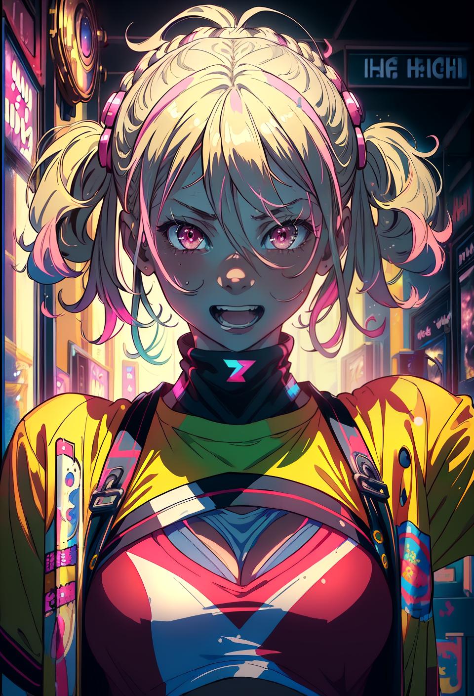  ((trending, highres, masterpiece, cinematic shot)), 1girl, young, female sportswear, arcade scene, medium-length messy yellow hair, afro,  pink eyes, evil personality, happy expression, grey skin, magical, lucky