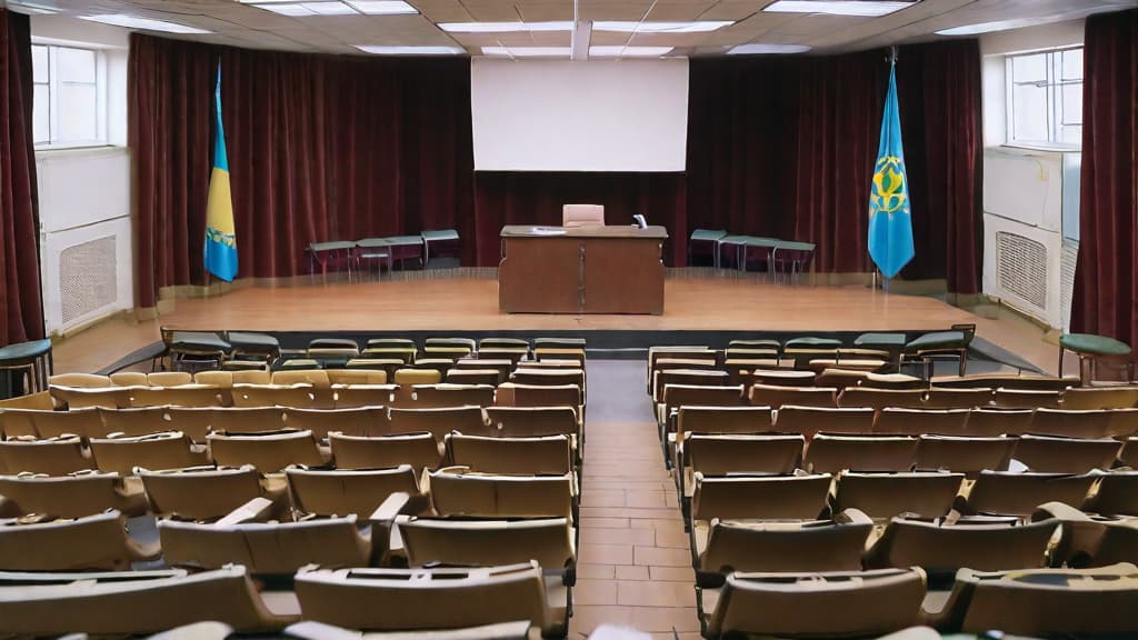  The Chernobyl trial took place roughly a year after the disaster, in the town of Chernobyl, approximately 9 kilometers from the power plant. It lasted only two weeks. For the proceedings, a community center was transformed into a courtroom. A curtain was placed to cover the depth of the stage, leaving only a narrow space on the proscenium to accommodate the three judges' seats and a small table for the stenographer (court reporter) next to them. The first rows in the audience section were removed to make space for the accused seating, defense and prosecution tables, witness stand, and security. The remaining seats were left for a small group of spectators and a limited number of journalists.