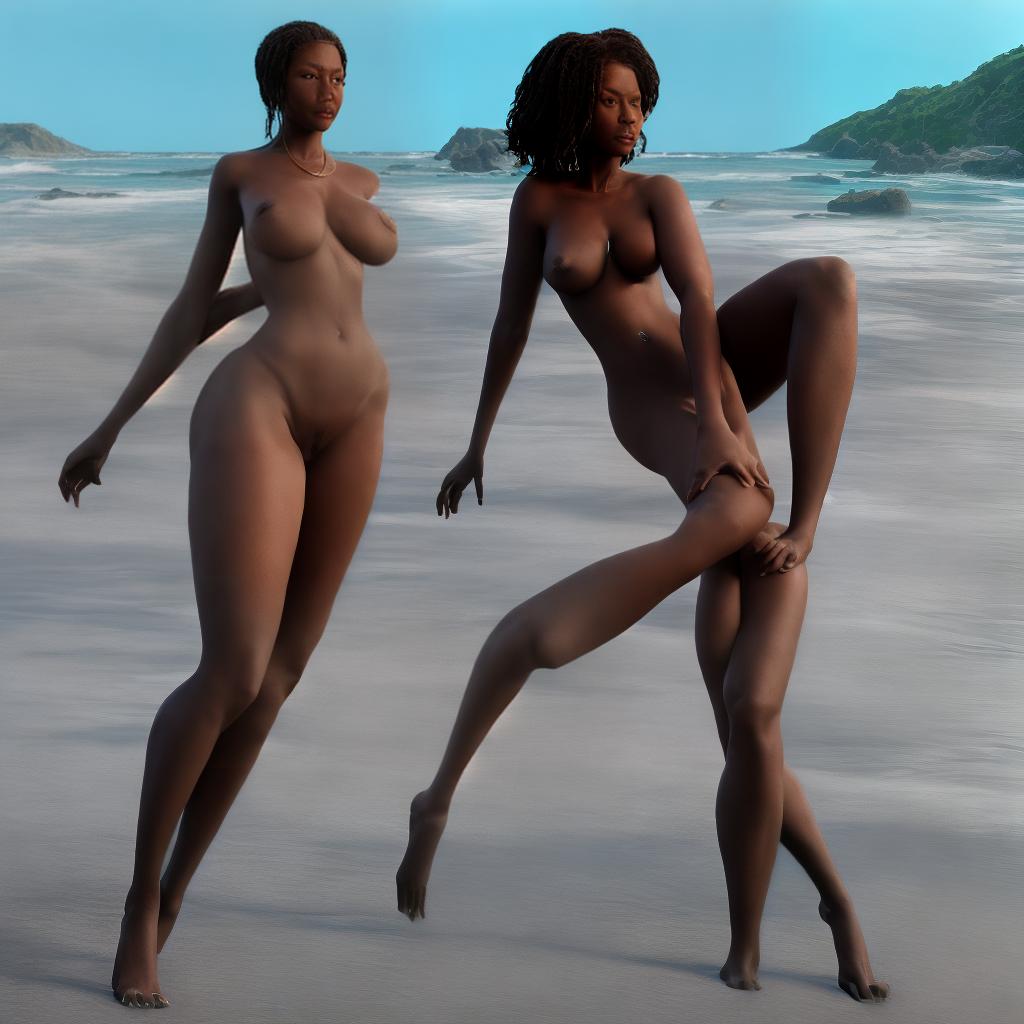 redshift style naked ebony woman, big boobs, open legs, blue hairs, beach landscape.