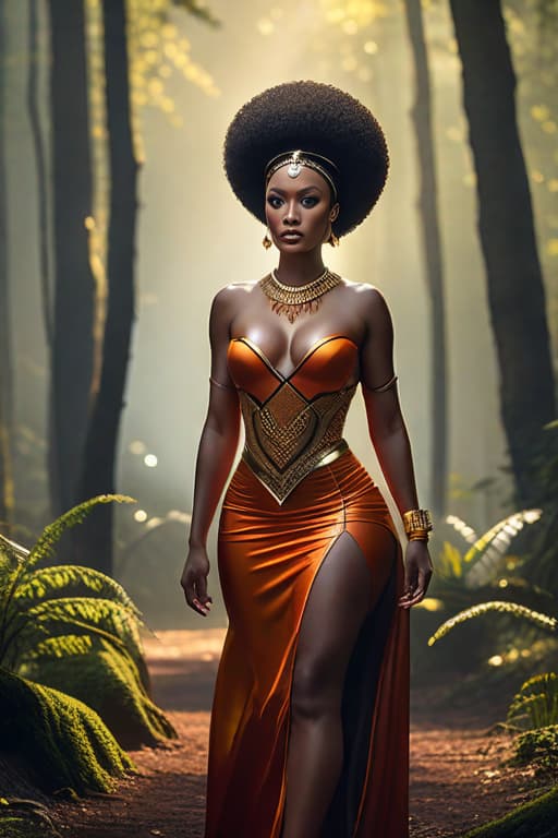  best quality, masterpiece, highres, photorealistic, high quality, volumetric lighting, candid, Photograph, high resolution, nightime, a cameroon women with skin details, fiery african black afro hair, light Aureolin eyes, fantasy, harmonious, determined, foggy old forest, dress like a super heros, beautiful with eyes liner m hyperrealistic, full body, detailed clothing, highly detailed, cinematic lighting, stunningly beautiful, intricate, sharp focus, f/1. 8, 85mm, (centered image composition), (professionally color graded), ((bright soft diffused light)), volumetric fog, trending on instagram, trending on tumblr, HDR 4K, 8K