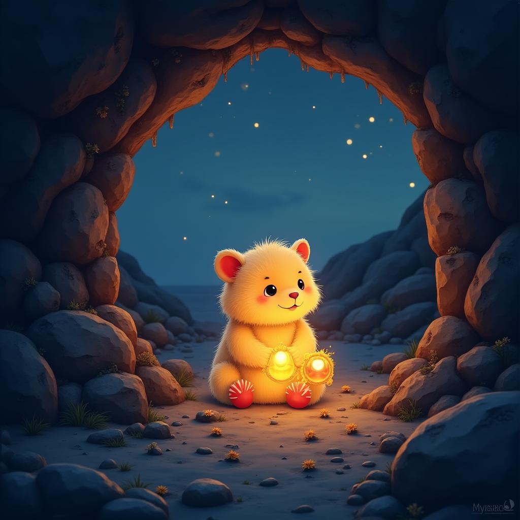  good quality, high quality, a whimsical cave explore reveals a glowing furry creature at twilight