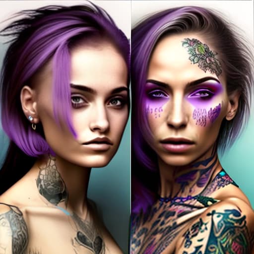 estilovintedois dos mujeres gemelas con pelo violeta y tatuajes