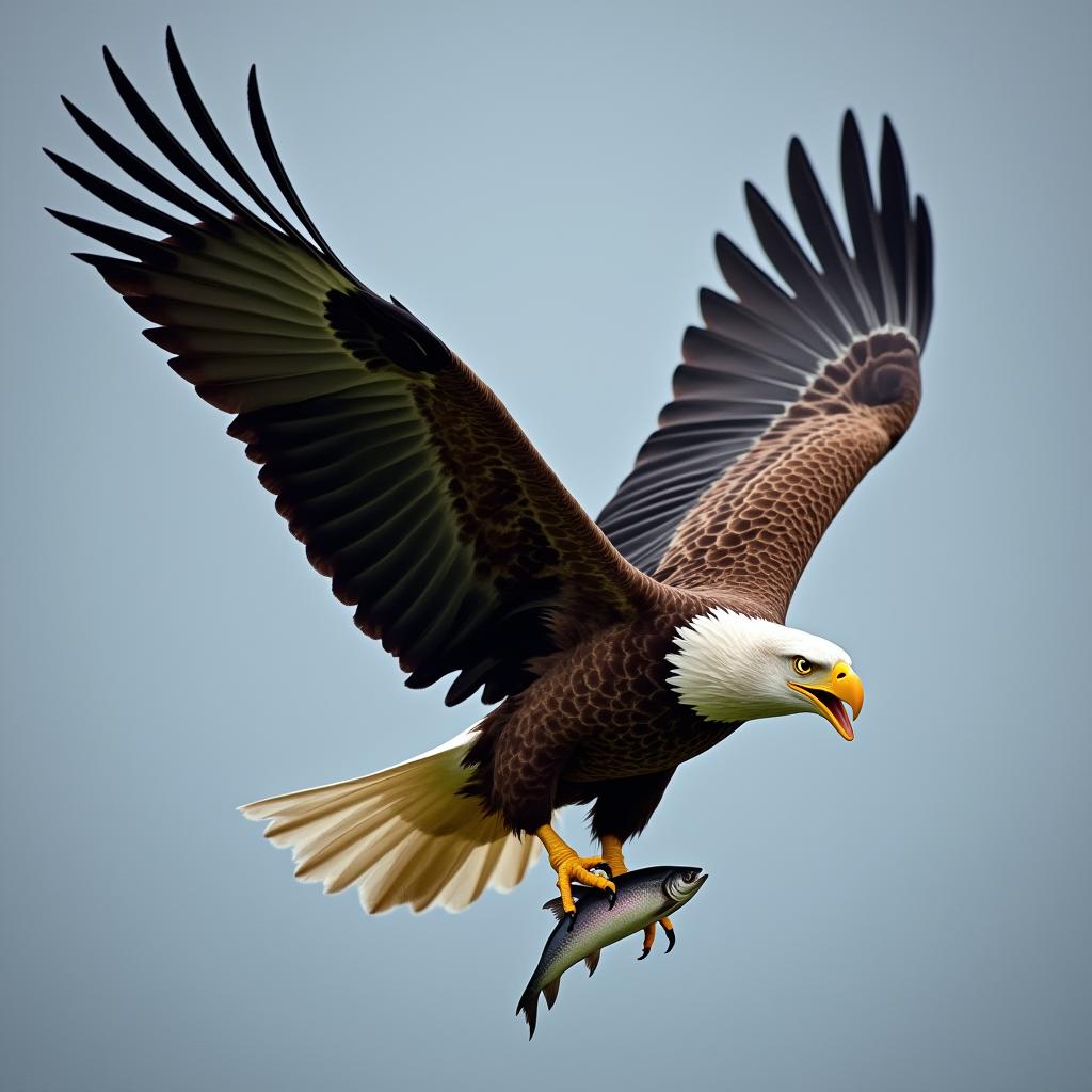  good quality, high quality, majestic bald eagle soaring with a fish in its talons