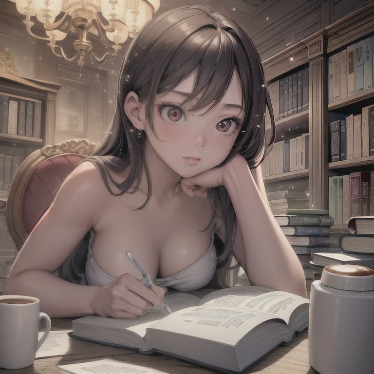  (8K, high resolution), (masterpiece, best quality:1.2), highres, perfect anatomy,a diligent university student studying late in the library textbooks spread out focused gaze coffee mug nearby,light particles, soft lighting, volumetric lighting, intricate details, finely detailed