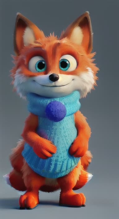  {Error the fox pressing the blue button with his paw, looking puzzled as nothing occurs., Error is a small, bright orange fox with a fluffy tail and big, inquisitive eyes. He has a mischievous yet kind expression and wears a tiny green scarf.