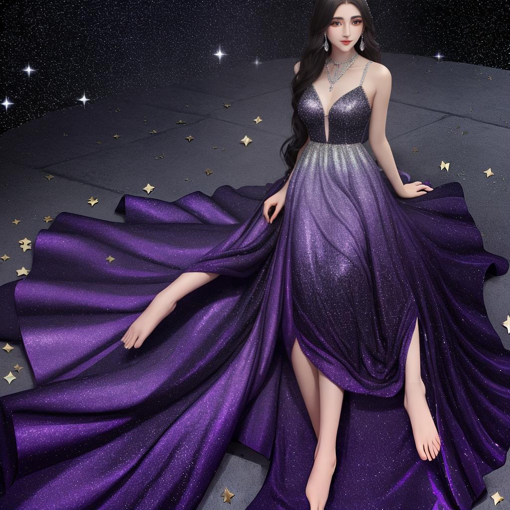  masterpiece, best quality,a Greece inspired floor length dress in a very dark purple almost black Ombre colour effect with glimmering silver diamantes that seem like tiny stars ,