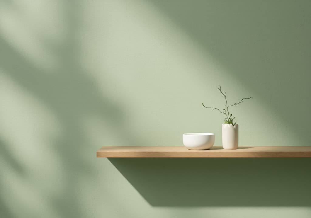  good quality, high quality, textured sage green wall with minimalist wooden shelf zenlike simplicity soft shadows muted tones perfect for product showcase