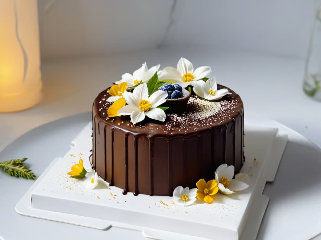  A closeup, ultradetailed image of a perfectly frosted vegan and organic chocolate cake, adorned with delicate edible flowers and sprinkled with gold flakes on a sleek, minimalist white cake stand. The cake is flawlessly symmetrical, showcasing intricate piping work and smooth, glossy ganache. The lighting is soft, casting gentle shadows to highlight the texture and artistry of the dessert, making it an exquisite centerpiece that exudes elegance and expertise in vegan and organic baking. hyperrealistic, full body, detailed clothing, highly detailed, cinematic lighting, stunningly beautiful, intricate, sharp focus, f/1. 8, 85mm, (centered image composition), (professionally color graded), ((bright soft diffused light)), volumetric fog, trending on instagram, trending on tumblr, HDR 4K, 8K