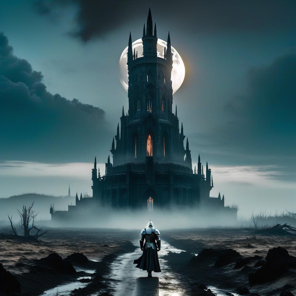  dystopian style Scene, close up, top view, in the lower right corner stands a black Gothic tower with a balcony, on which stands a girl in a white dress, with white hair and bare feet. From the upper left corner, on the way to the tower, a knight in black armor rides across a gloomy, scorched black field, everything happens at night when the moon is full. There should be a knight in black armor in the frame. . bleak, post apocalyptic, somber, dramatic, highly detailed hyperrealistic, full body, detailed clothing, highly detailed, cinematic lighting, stunningly beautiful, intricate, sharp focus, f/1. 8, 85mm, (centered image composition), (professionally color graded), ((bright soft diffused light)), volumetric fog, trending on instagram, trending on tumblr, HDR 4K, 8K