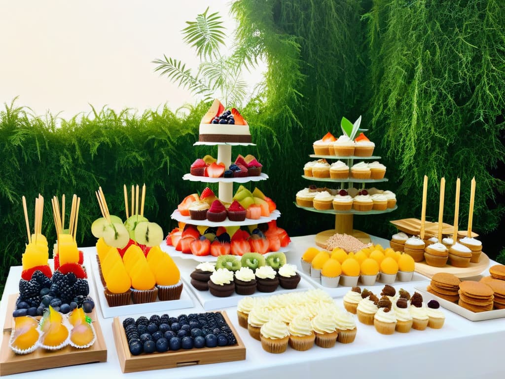  A minimalistic image of a beautifully arranged dessert table at a sustainable event, featuring an assortment of colorful and delicious plantbased treats such as vegan cupcakes, fruit skewers, and organic pastries. The table is elegantly decorated with ecofriendly elements like reusable glass jars, bamboo utensils, and recycled paper napkins, all set against a backdrop of lush greenery and soft ambient lighting, creating a visually appealing and environmentally conscious display. hyperrealistic, full body, detailed clothing, highly detailed, cinematic lighting, stunningly beautiful, intricate, sharp focus, f/1. 8, 85mm, (centered image composition), (professionally color graded), ((bright soft diffused light)), volumetric fog, trending on instagram, trending on tumblr, HDR 4K, 8K